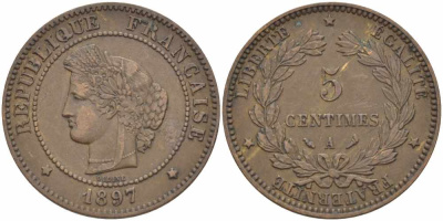 ФРАНЦИЯ 5 САНТИМОВ 1897 A, ТРЕТЬЯ РЕСПУБЛИКА (1871-1940) KM 821.1, LE FRANC 118.41 бронза 108-751