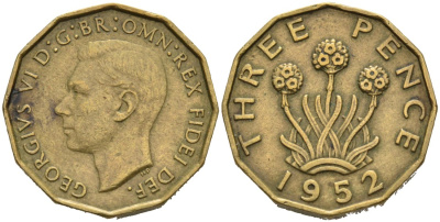 Великобритания 3 пенса 1952 Георг VI (1937-1952) KM 873, Spink 4113 никель латунь 4561-1017