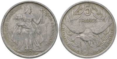 Французская Новая Каледония 5 франков 1952 птица кагу, (IEOM) KM 4, Schoen 4, Lec 71 алюминий 180-142