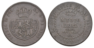 Испания 1/2 реала 1851 Изабелла II (1833-1868) KM 591 медь 3896-1115