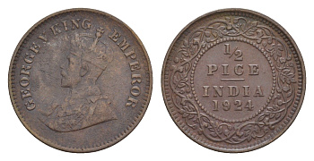 Британская Индия 1/2 пайс 1921 Георг V (1910-1936) KM 510 медь 75-1054