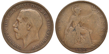 Великобритания 1 пенни 1920 Георг V (1910-1936) KM 810, Spink 4051 бронза 4123-1121
