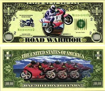 США 1000000 ДОЛЛАРОВ 2002 СУВЕНИРНАЯ БАНКНОТА, СЕРИЯ 2, ДОРОЖНЫЕ ВОЙНЫ, КОЛЬЦЕВЫЕ ГОНКИ НА МОТОЦИКЛАХ, МОТОЦИКЛ, МОТОБАЙК бумага UNC (ПРЕСС) 7198-39-1-2