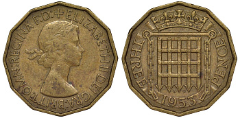 Великобритания 3 пенса 1953 Елизавета II (1952-2022) KM 886, Spink 4152 никель латунь 4128-835