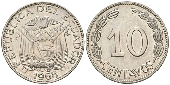 Эквадор 10 сентаво 1968 KM 76c сталь плакированная никелем aUNC 4585-824