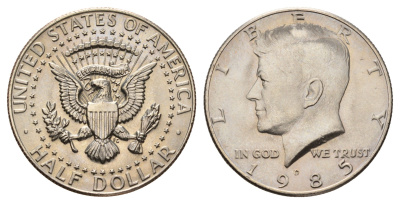 США 1/2 доллара (50 центов) 1985 D, Джон Кеннеди KM A202b медь плакированная медно-никелем UNC 4672-624