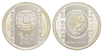 Португалия 500 эскудо 1996 150 лет банку Португалии KM 702 серебро UNC 97-914