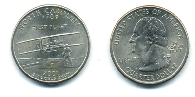 США 25 центов = квотер 2001 Р, серия штаты США, Северная Каролина KM 319 медь плакированная медно-никелем 4388-826