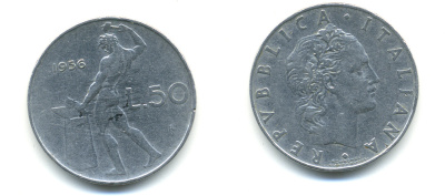 Италия 50 лир 1956 R, бог огня Вулкан у наковальни KM 95.1 нержавеющая сталь 4379-1037