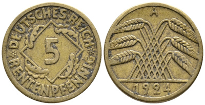 ГЕРМАНИЯ 5 РЕНТЕНПФЕННИГОВ 1924 A KM 32, J. 308 алюминиевая бронза 39-447