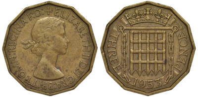 Великобритания 3 пенса 1953 Елизавета II (1952-2022) KM 886, Spink 4152 никель латунь 4128-835