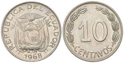 Эквадор 10 сентаво 1968 KM 76c сталь плакированная никелем aUNC 4585-824