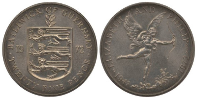 Гернси 25 пенсов 1972 25 лет свадьбы Елизаветы II и Филиппа, амур KM 26 медно-никель UNC 1078-3-41