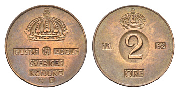 Швеция 2 эре 1962 TS Густав VI Адольф (1950-1973) KM 821 бронза 4705-915