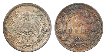 Германия 1/2 марки 1917 A, Вильгельм II (1888-1918) KM 17, J. 16 серебро UNC 4625-1041
