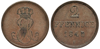 Ганновер 2 пфеннига 1845 B, Эрнст Август (1837-1851) KM 202.1, AKS 124, J. 75 медь 75-1825