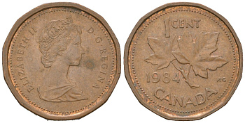Канада 1 цент 1984 Елизавета II (1952-2022), кленовый лист KM 132 бронза 4617-917