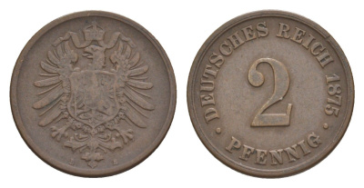 Германия 2 пфеннига 1875 E, Вильгельм I (1871-1888) KM 2, J. 2, Weege 3 медь 4639-1166
