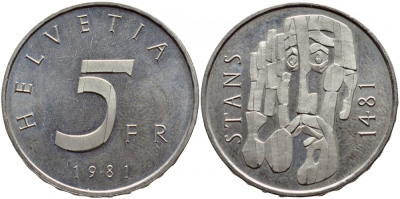 Швейцария 5 франков 1981 500 лет Станской Конвенции 1481 года KM 60 медно-никель UNC 443-143