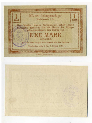 Германия 1 марка 1916 Бишофсверда в Саксонии, лагерь военнопленных офицеров и тюрьмы C-2755 бумага UNC (пресс) 000-00-00