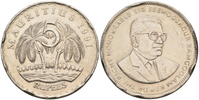 Маврикий 5 рупий 1991 Сивусагур Рамгулам KM 56 медно-никель 189-826