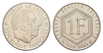 Франция 1 франк 1988 30 лет Пятой Республике, Шарль де Голль KM 963, Le Franc 227.2 никель 4543-117