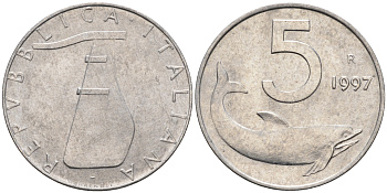 Италия 5 лир 1997 R, дельфин KM 92 алюминий  UNC  4594-635