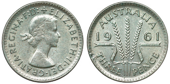 Австралия 3 пенса 1961 m, Елизавета II (1952-2022) KM 57 серебро 71-746
