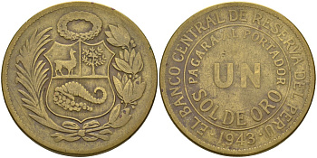 Перу 1 соль 1943 KM 222 латунь 4368-125