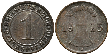 ГЕРМАНИЯ 1 РЕЙХСПФЕННИГ 1925 J KM 37, J. 313 бронза 39-916