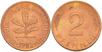 ФРГ 2 ПФЕННИГА 1982 J KM 106a, J.381a сталь плакированная сталь плакированная медьюю 4396-1614