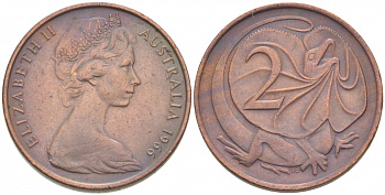 Австралия 2 цента 1966 Елизавета II (1952-), плащеносная ящерица KM 63 бронза 77-725