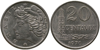 Бразилия 20 сентаво 1970 голова Свободы влево KM 579.2, Schon 84a медно-никель 4577-633