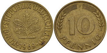 ФРГ 10 пфеннигов 1969 J J. 383, KM 108 сталь плакированная латунью    4603-337