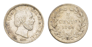 Нидерланды 5 центов 1869 Виллем III (1849-1890) KM 91 серебро 4659-226