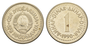 Югославия 1 динар 1990 KM 142 медь цинк никель aUNC 4543-954