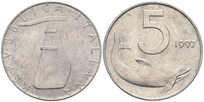 Италия 5 лир 1997 R, дельфин KM 92 алюминий  UNC  4594-635