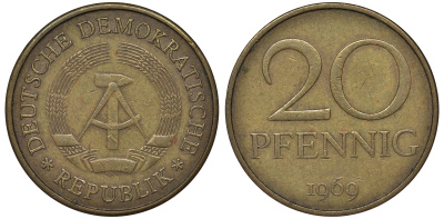 ГДР 20 пфеннигов 1969 А, первый год KM 11 латунь 62-1212