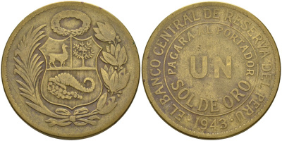 Перу 1 соль 1943 KM 222 латунь 4368-125