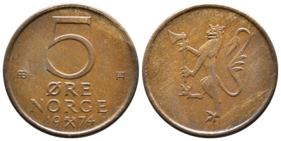 НОРВЕГИЯ 5 ЭРЕ 1974 KM 415 бронза 177-834