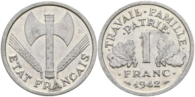 Франция 1 франк 1942 LB, тип LOURDE, правительство Виши KM 902.1, Le Franc 222.2 алюминий 51-3336