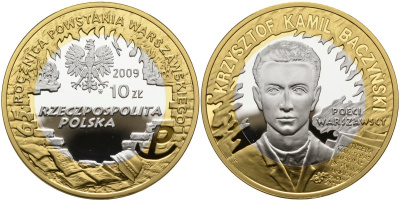 Польша 10 злотых 2009 MW, Кшиштоф Камиль Бачинский (1921-1944), позолота KM 689 серебро, биметалл PROOF 1085-1-74