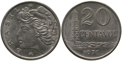 Бразилия 20 сентаво 1970 голова Свободы влево KM 579.2, Schon 84a медно-никель 4577-633