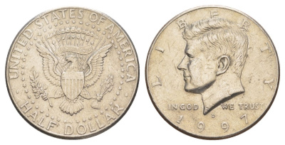 США 1/2 доллара (50 центов) 1997 D, Джон Кеннеди KM A202b медь плакированная медно-никелем aUNC 4394-1212