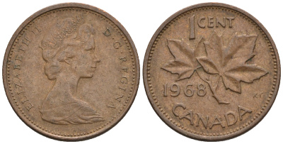 Канада 1 цент 1968 Елизавета II (1952-2022), кленовый лист KM 59.1 бронза 4609-133