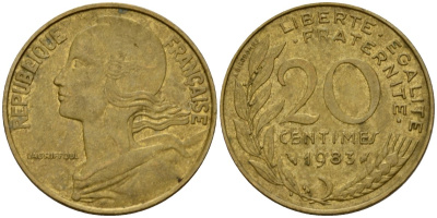 Франция 20 сантимов 1983 тип Marianne KM 930 алюминиевая бронза 4393-657