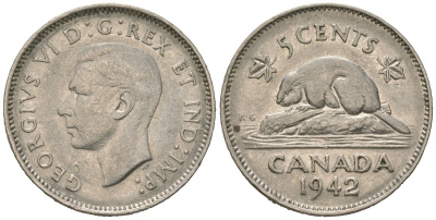 Канада 5 центов 1942 Георг VI (1936-1952), бобр KM 33 никель 4618-721