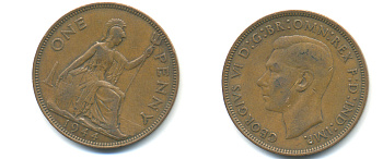 Великобритания 1 пенни 1944 Георг VI (1936-1952) KM 845, Spink 4114 бронза 89-212