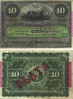 Куба 10 песо 1896 Испанская Администрация, надпечатка PLATA Pick 49 d бумага 6299-27-3-2
