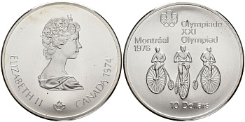 Канада 10 долларов 1974 XXI летние Олимпийские игры в Монреале 1976 года, велоспорт KM 95 серебро UNC 02-263-24